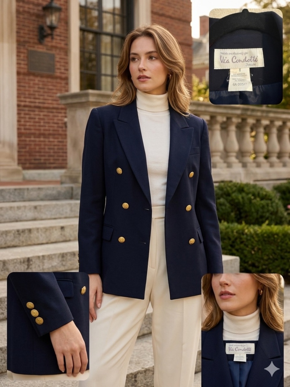 Vintage 80s/90s Navy Nautical Blazer - Crest Gold Buttons - Size 8